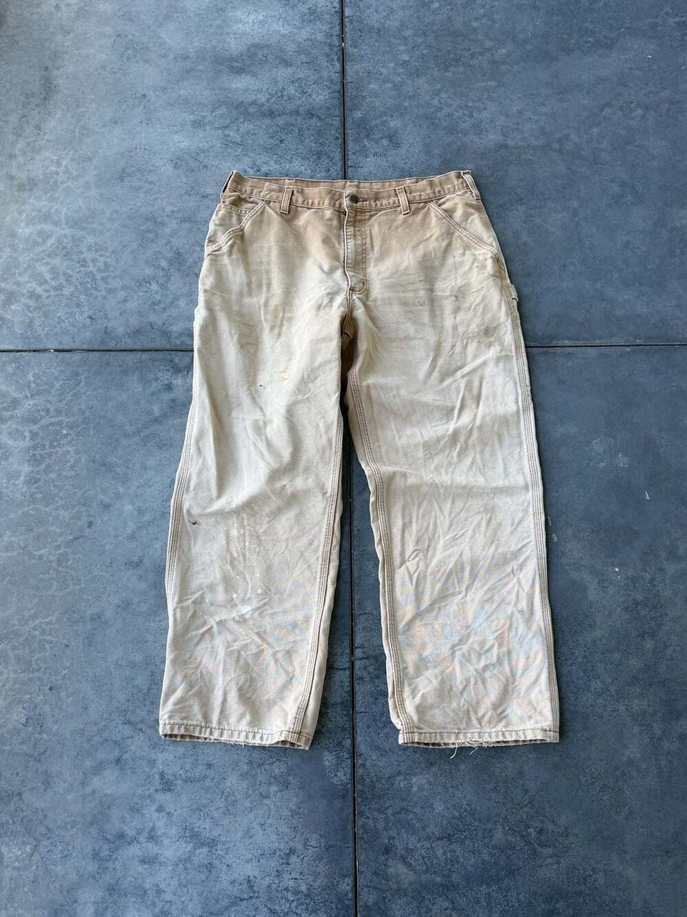 Carhartt Vintage Distressed Tan Canvas Work Pants Carpenter Dungarees Size 36x30